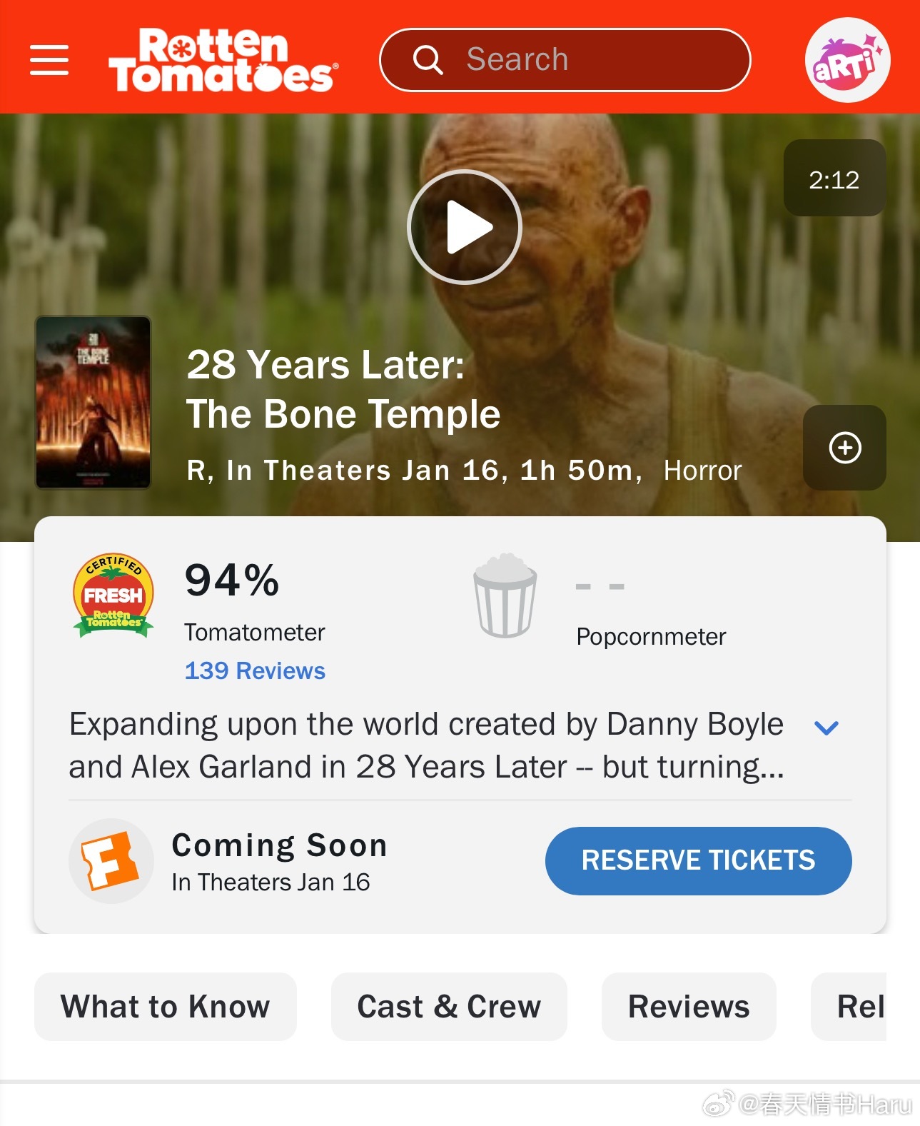 《惊变28年2：白骨圣殿》的烂番茄新鲜度开分94%，本周末在北美上映 