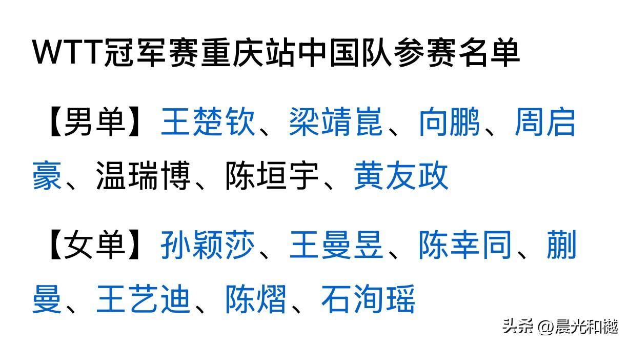 重庆冠军赛最新消息：林诗栋退赛、国乒参赛名单确定

男队七人为：王楚钦、梁靖崑、