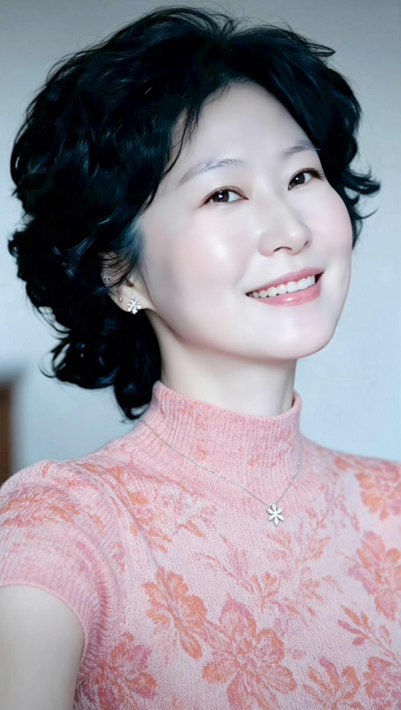 这位女士笑容灿烂，穿着粉色毛衣。