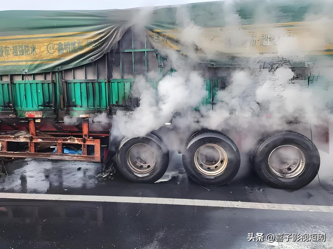 湖南桂阳，一辆半挂车行驶途中轮胎突发起火，司机察觉后紧急靠边停车，火势眼看着就要