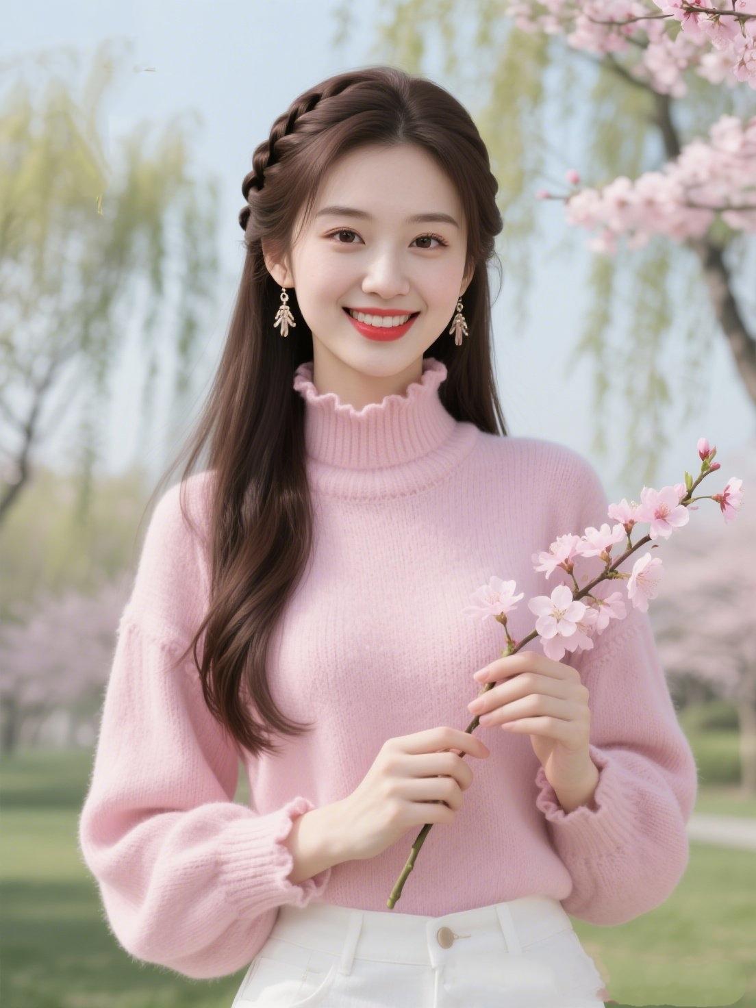 《春樱与粉衫》
 
柳丝垂着软风，漫过晴光
你站在花影里，笑成了春的模样
粉衫裹