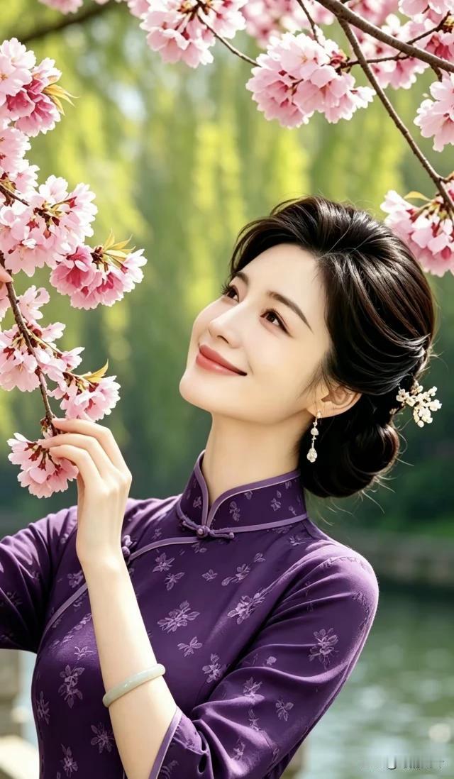 佳人旗袍染紫香，
樱花满树覆春光。
抬眸笑揽风前色，
丝丝清香入心房。