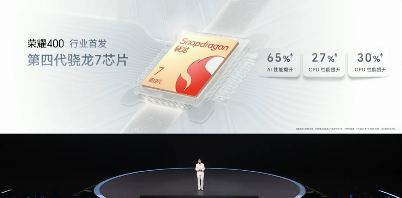 荣耀 400 全球首发骁龙 7 Gen 4 芯片（台积电 4nm，CPU 为 1