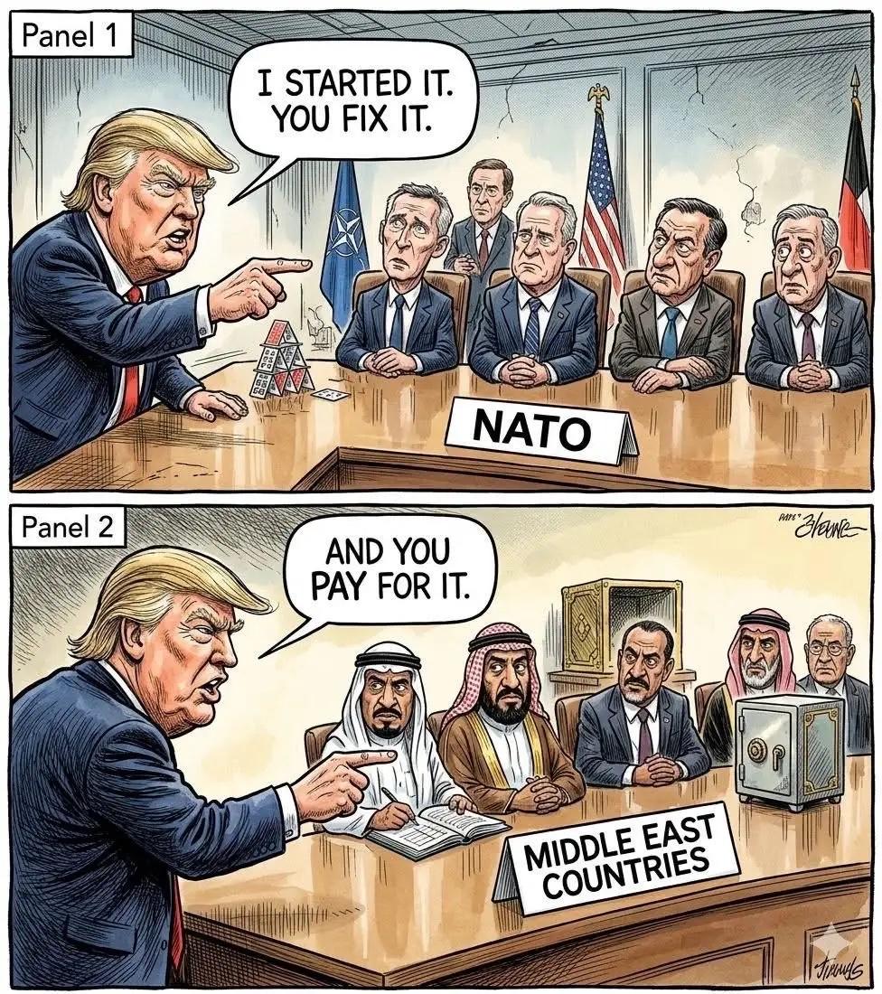 西方网友形象讽刺美国的漫画！
对北约及欧洲盟友说：“我替你们教训坏人，你们负责掏