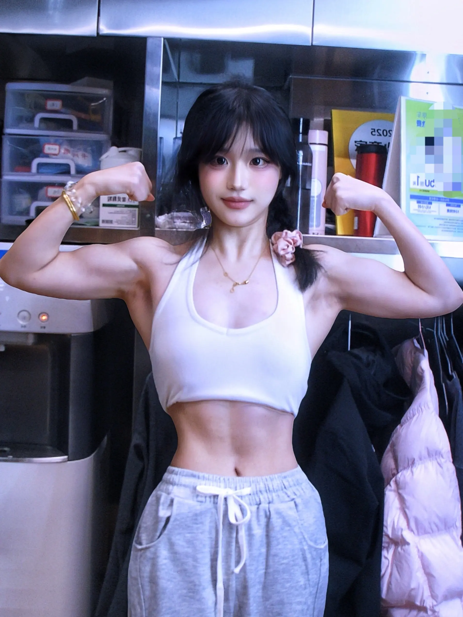 在吗？看看年后肌肉。过年没停训，背和肩增了一点点肌肉，但后束还得加强