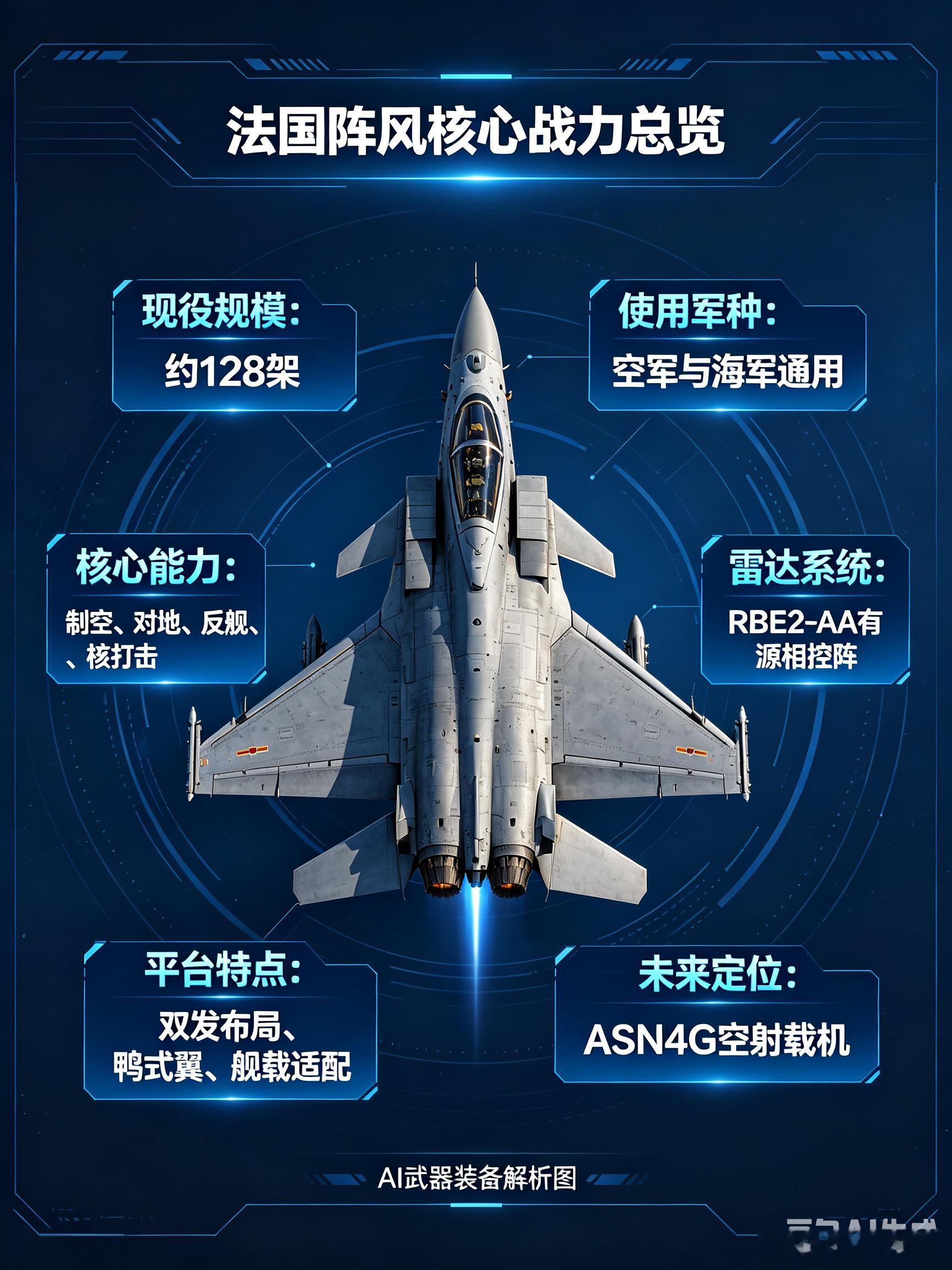法国阵风是法国自研海空通用第四代多用途战机，当前法军现役总量约128架，兼顾空军