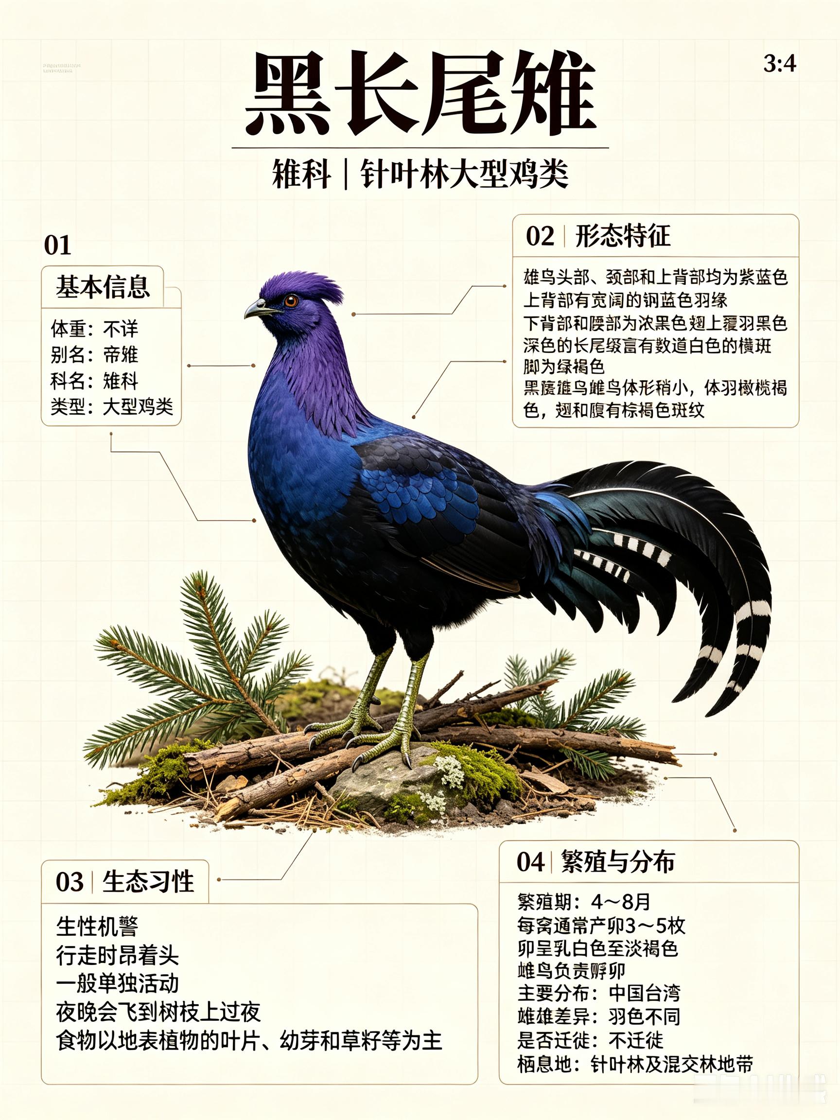 鸟类朋友图鉴 黑长尾雉科名：雉科体重：不详别名：帝雉黑长尾雉是大型的鸡类，生性机