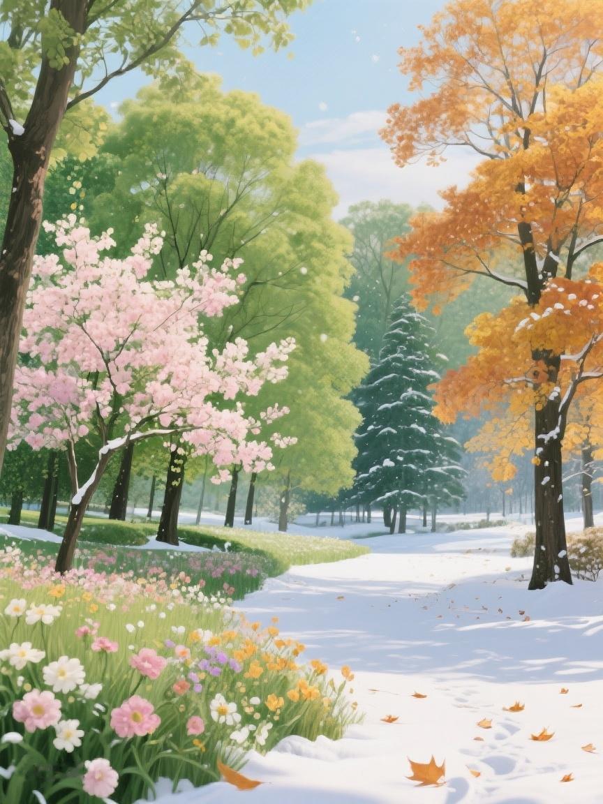AI妙生图四季在此交融，雪与花同绽，落叶飘零，时光以独特韵律诉说着生命的斑斓。