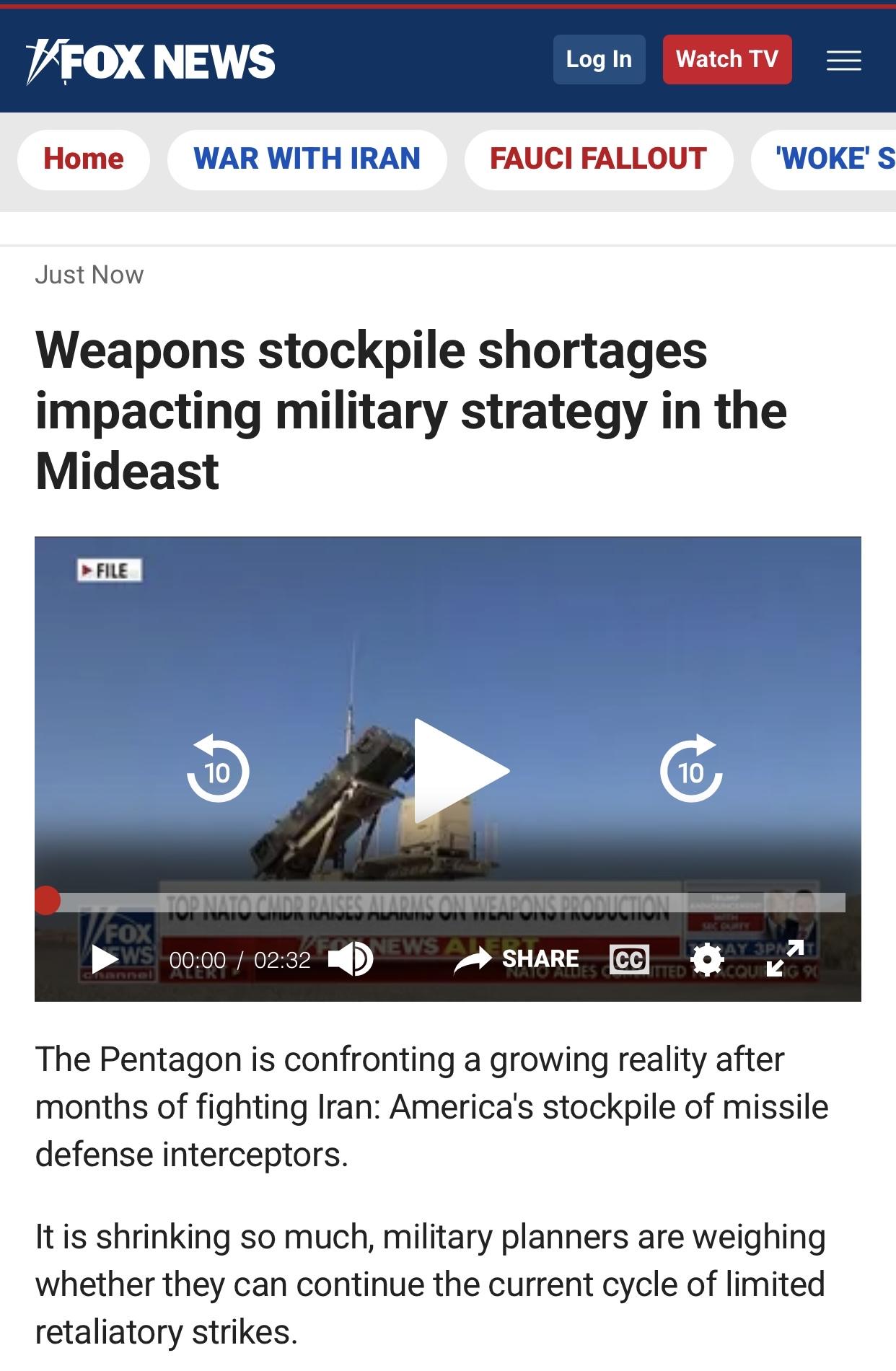 美媒：美国导弹专家指武器库存短缺影响中东地区的军事战略

美国福克斯新闻(Fox