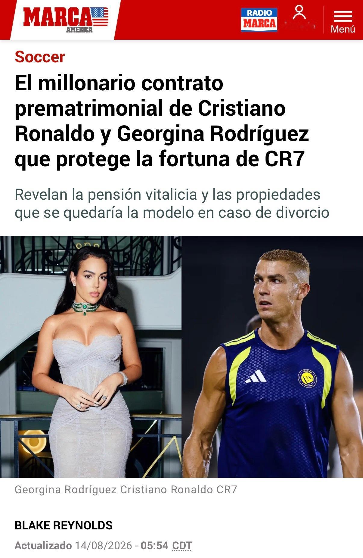 马卡报：铁壁婚前协议：克里斯蒂亚诺·罗纳尔多如何在秘密婚礼后锁定他的亿万身家在克