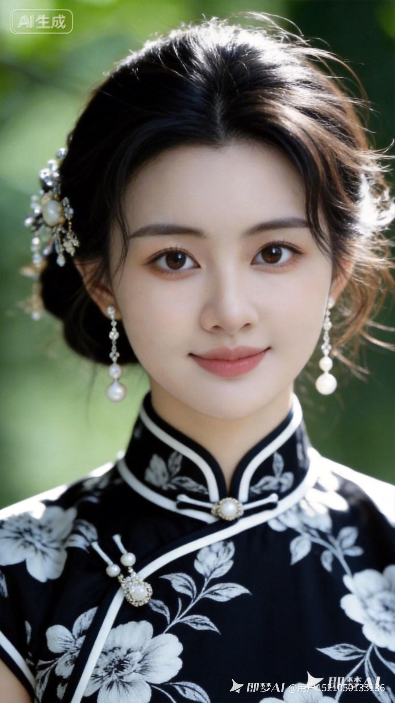 优雅黑裙，复古风情，珍珠点缀，尽显东方韵味。