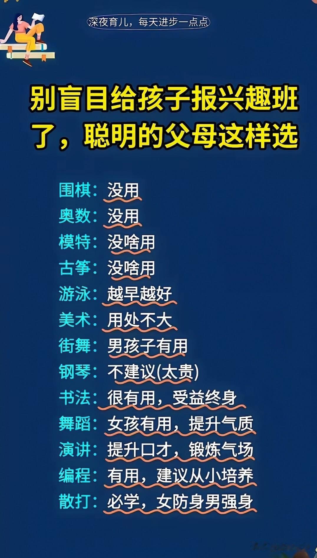 别盲目给孩子报兴趣班，选对才事半功倍…
 
每到寒暑假，不少家长陷入兴趣班选择焦