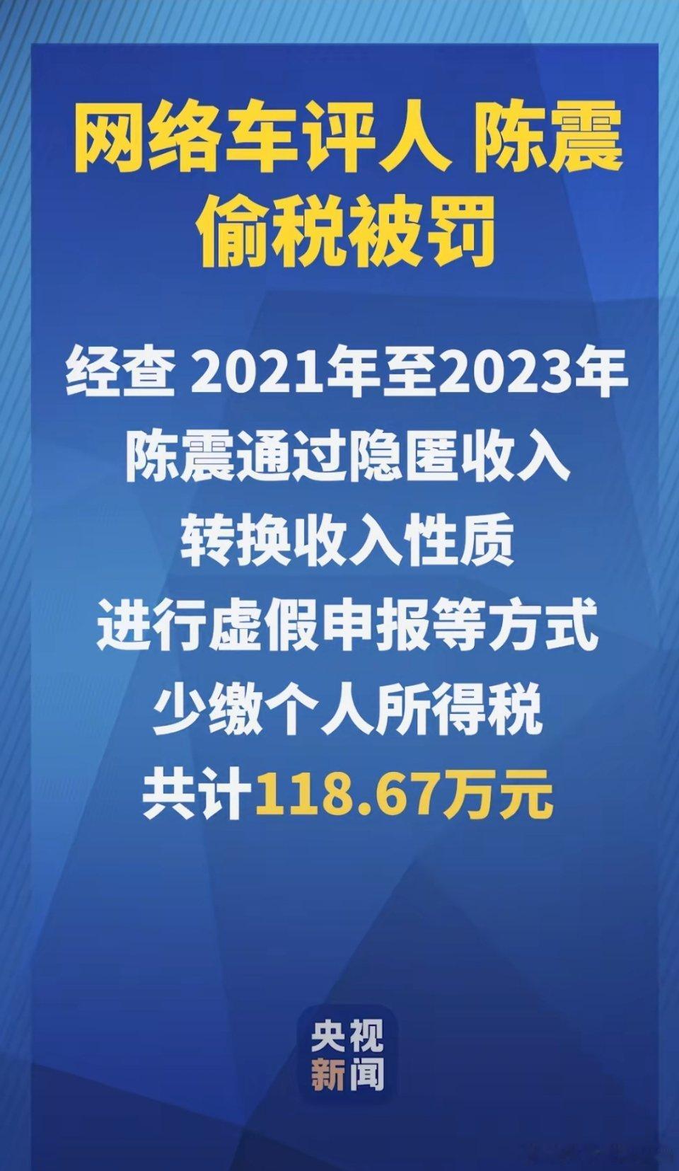 🔻央视新闻报道了，陈震偷税案。🔻陈震偷税追缴并罚共计247.48万元。 🔻