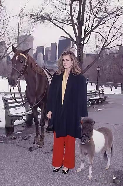 这个女子非常的可爱，她身边的这两匹马更可爱，一个是高头大马，感觉应该是一个名贵的