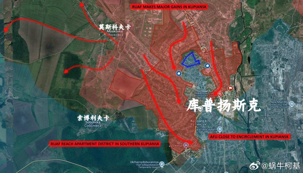 乌军正在北部战线库普扬斯克溃败，乌军正面临被包围的威胁
过去几周，俄罗斯武装部队