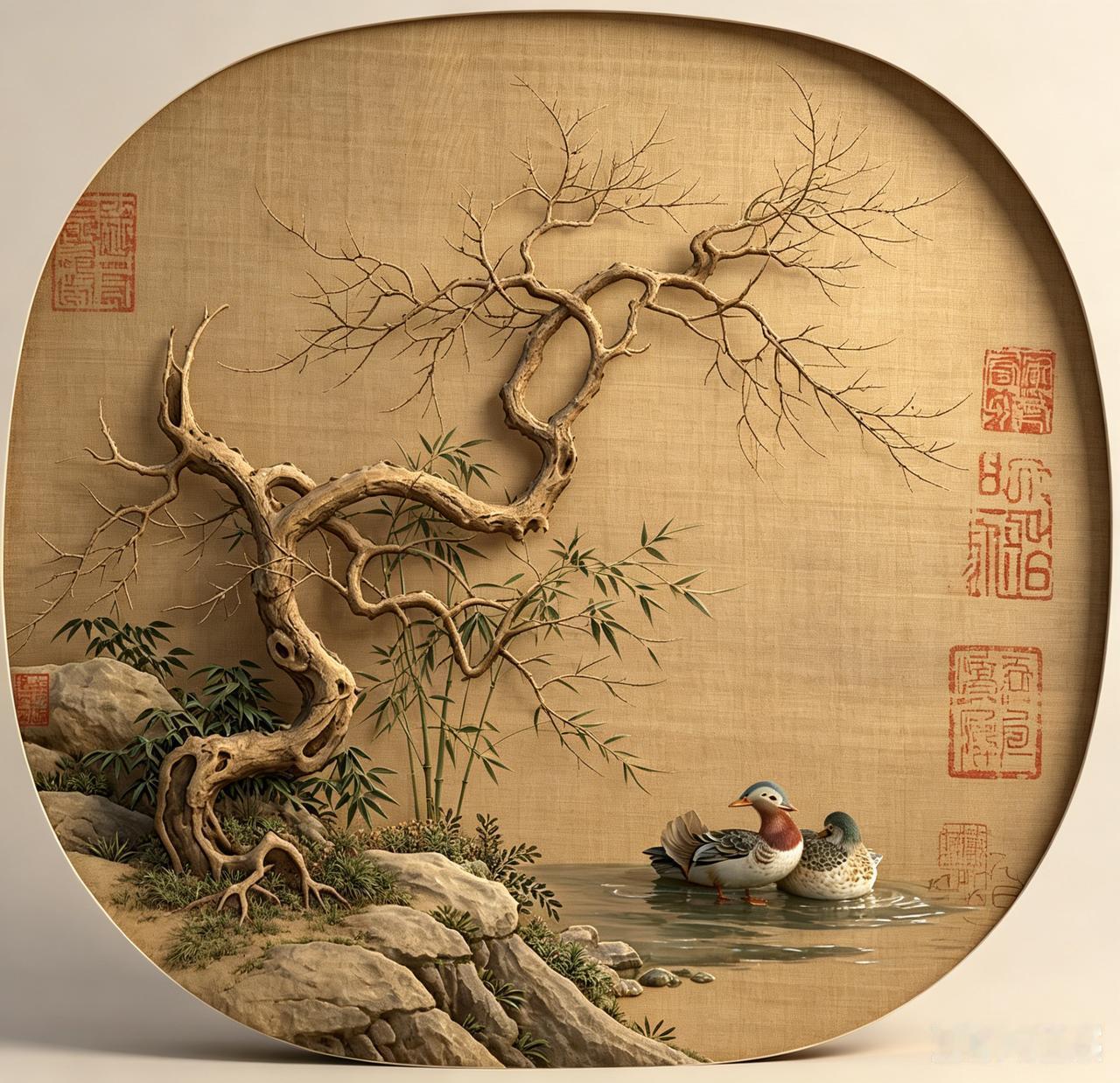 枯木萧瑟，却藏着一对的暖乎乎的鸳鸯！（五代十国 黄筌《写生鸳鸯图》复原图）