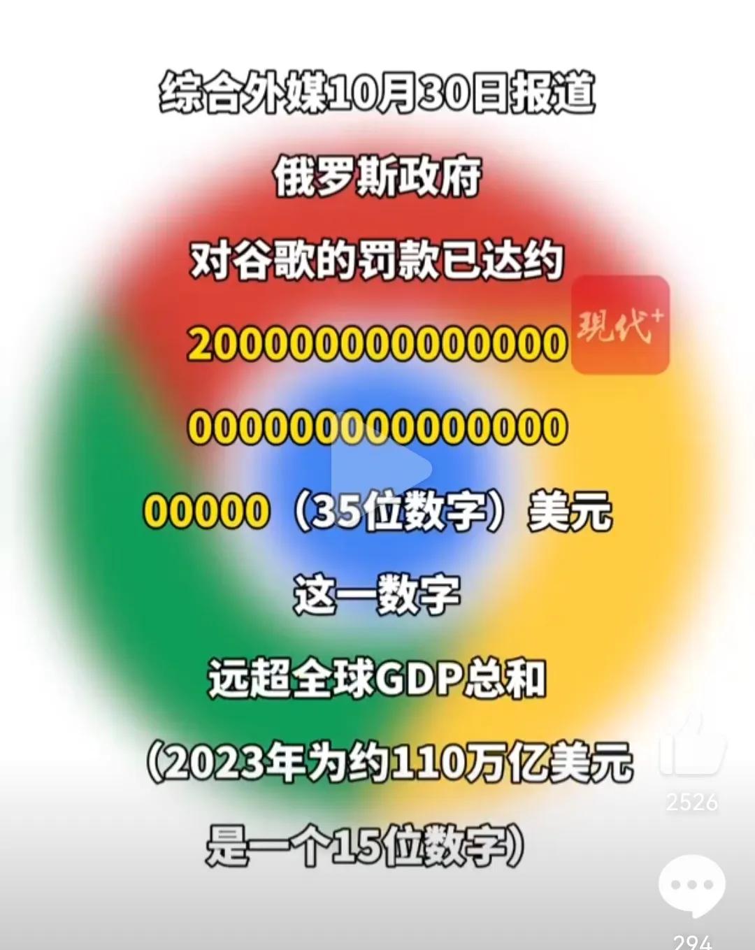 10月30日报道，俄罗斯政府对谷歌的罚款已达约20000000000000000