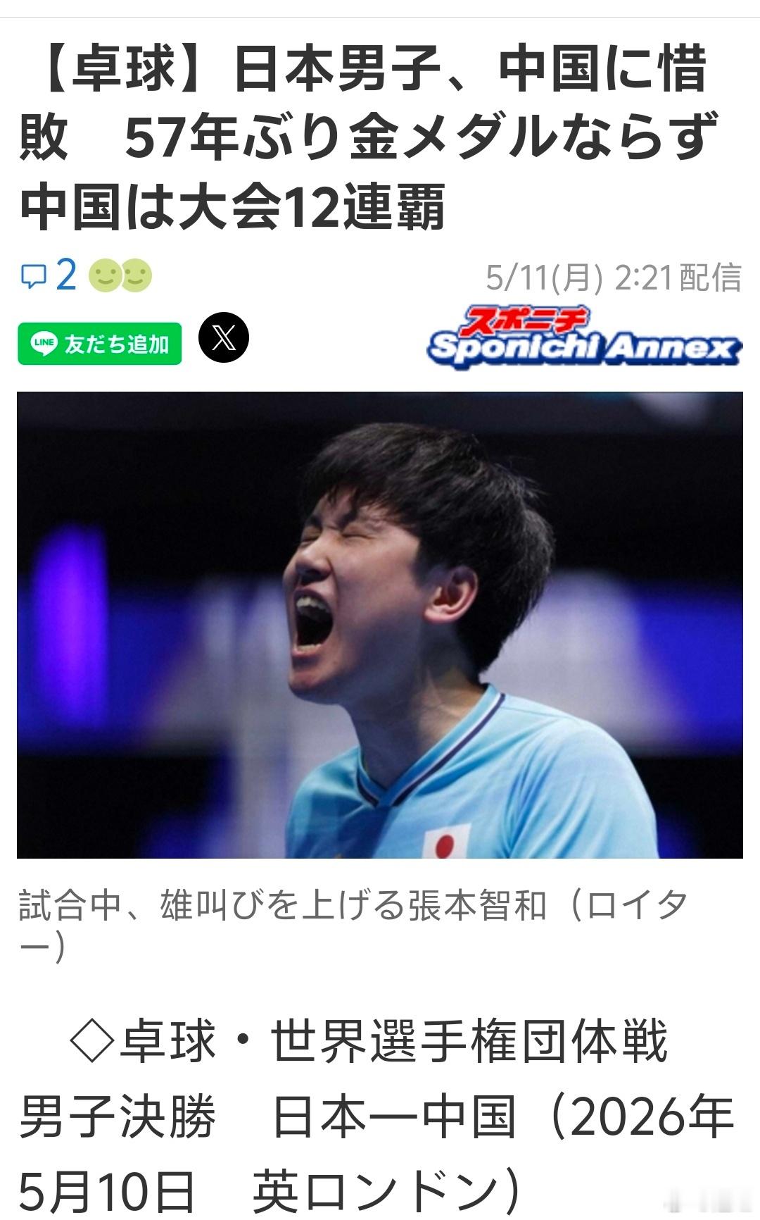 国乒男团12连冠日本媒体日刊体育的标题是惜败。但是是0:3啊，惜在了张本第一盘没