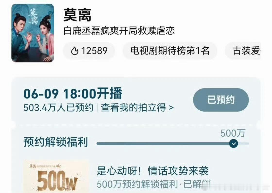 白鹿 丞磊《莫离》预约破500万，你期待这部剧吗？ 