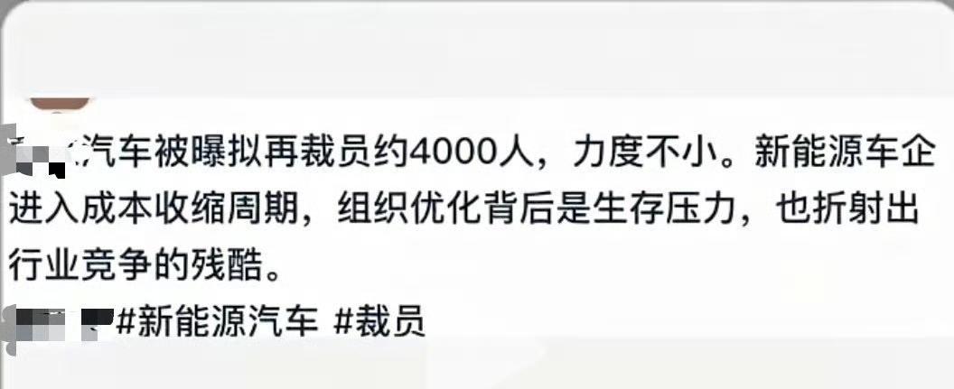 又来个大瓜，网传国内某头部新能源车企将裁员4000人？！
到底是哪个品牌？壮士断