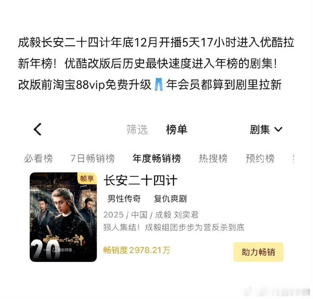 成毅长安二十四计年底12月开播5天17小时进入优酷拉新年榜，这也是优酷改版后历史