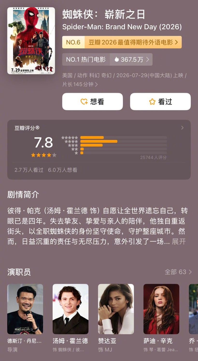 《蜘蛛侠：崭新之日》豆瓣开分了，7.8分！可以放心冲了吧！！