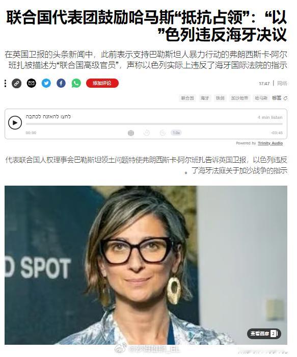 联合国人权理事会巴勒斯坦领土问题特使弗朗西斯卡·阿尔班告诉《卫报》，以色列政府事