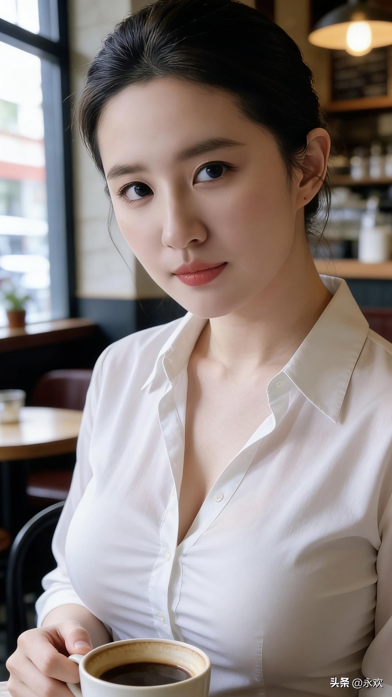 暖黄的灯光漫过木质吧台，她指尖握着温热的白瓷杯，黑咖啡的香气在空气里轻轻散开。白