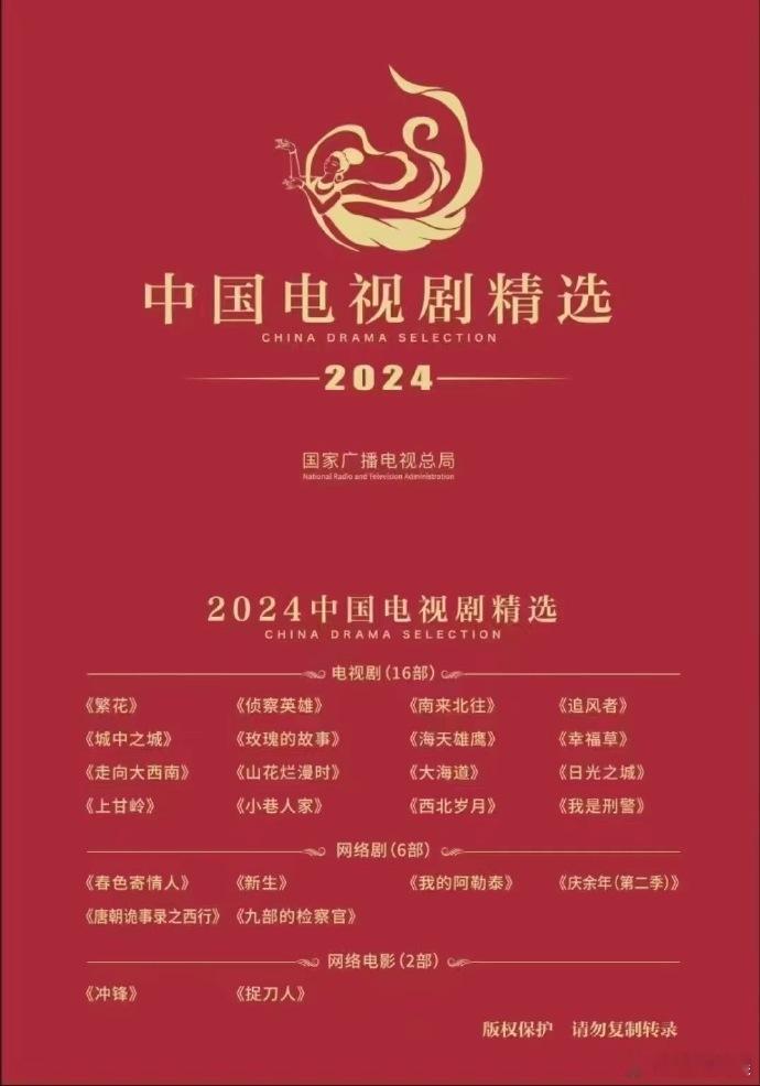 2024年度中国电视剧精选  近日，广电总局公布2024年电视剧精选名单👇你追