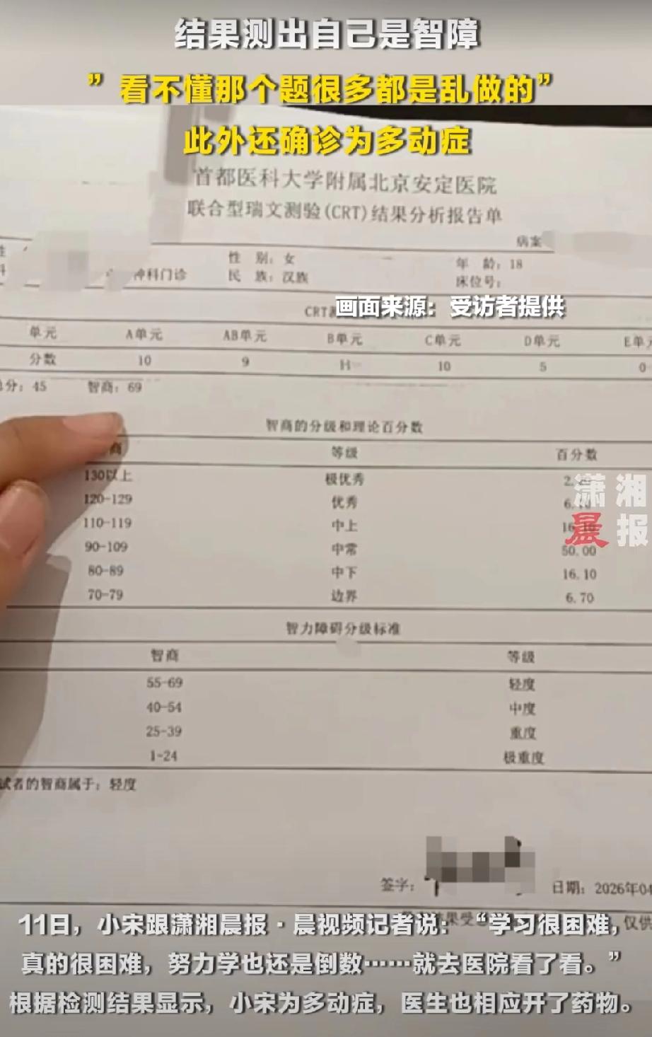 【高三学生学习困难去医院测出智障】当事人回应学习困难去医院测出智障近日，一名高三