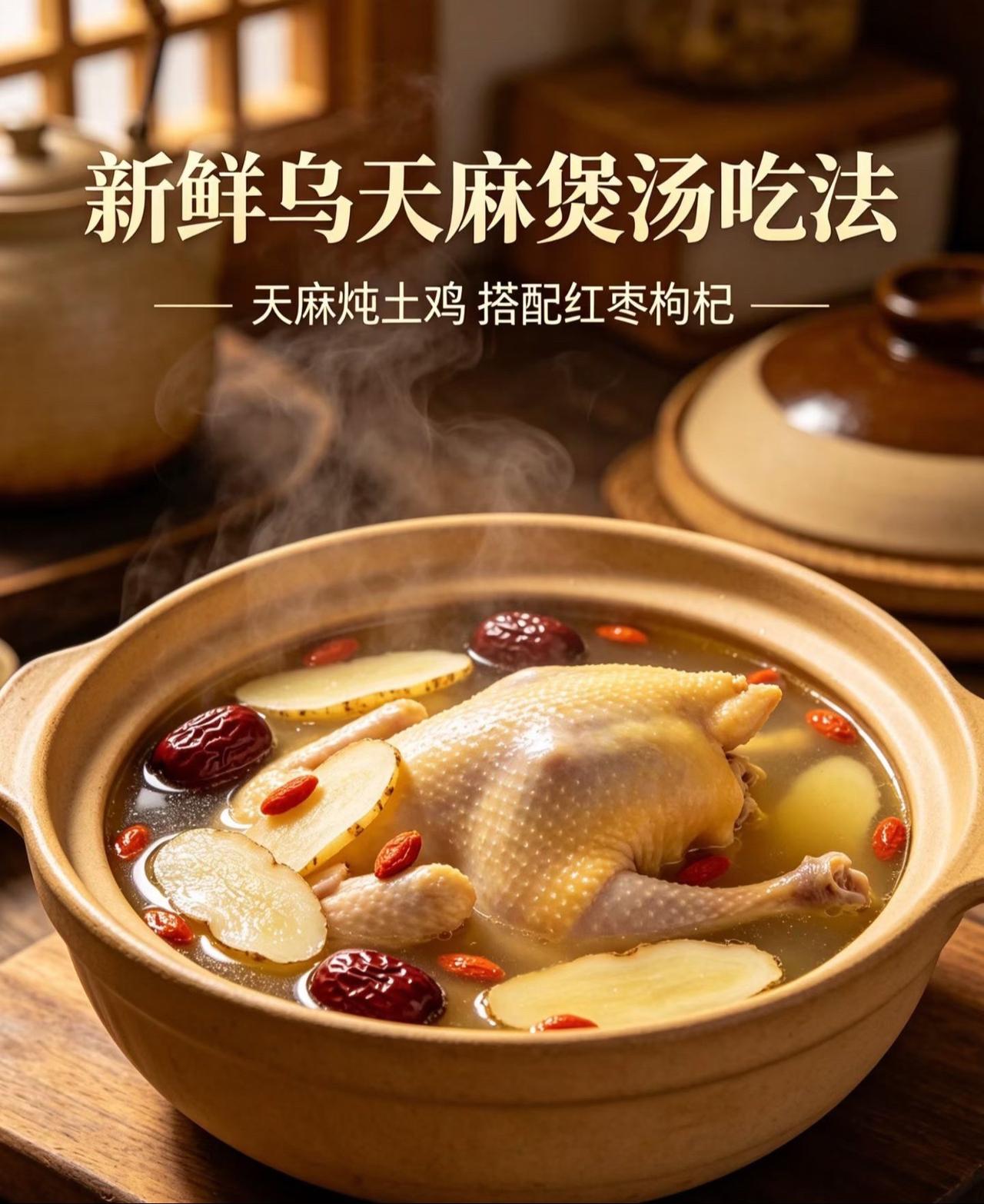 1. 经典煲汤：天麻+土鸡/排骨/鸽子，炖煮40分钟，汤鲜味美，天麻粉糯回甘，一