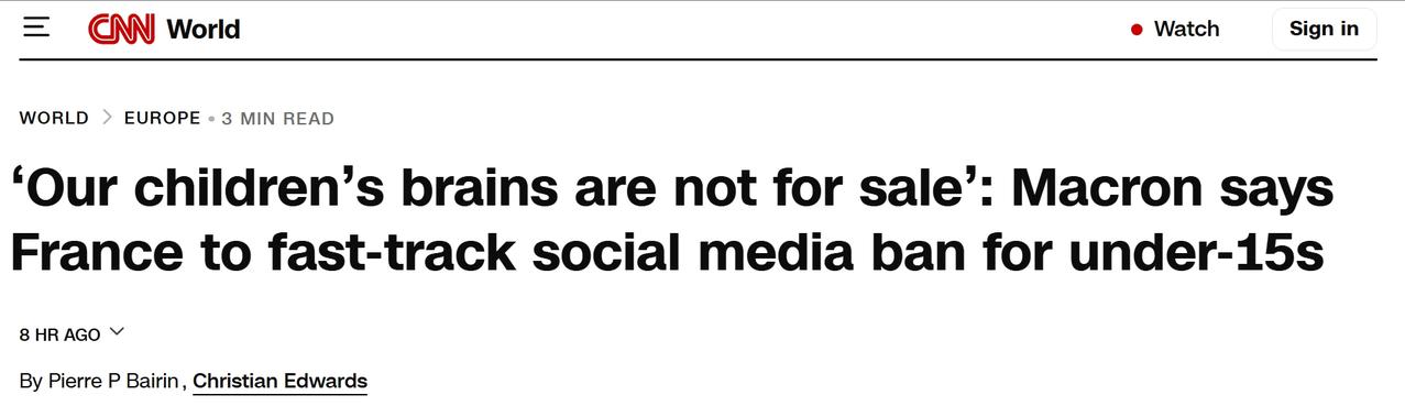 法国将出台法律禁止15岁一项儿童使用社交媒体
法国总统马克龙表示，希望政府加快法