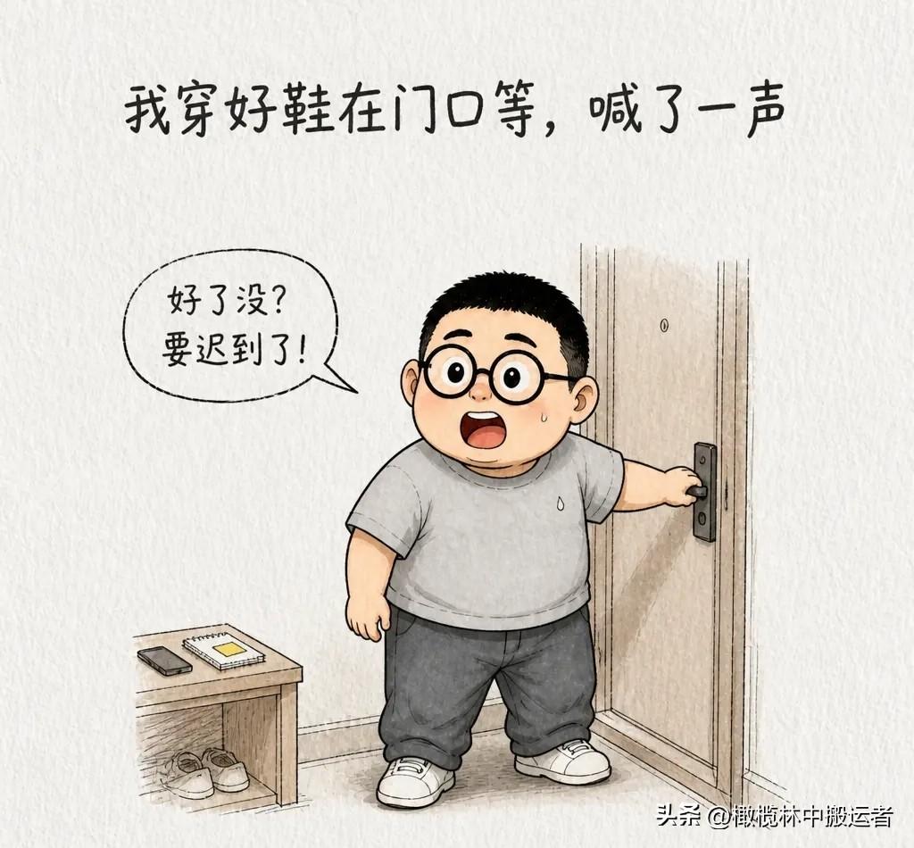 趣味漫画：我穿好鞋在门口等，喊了一声：“好了没？要迟到了！”老婆从卧室飘来一句：