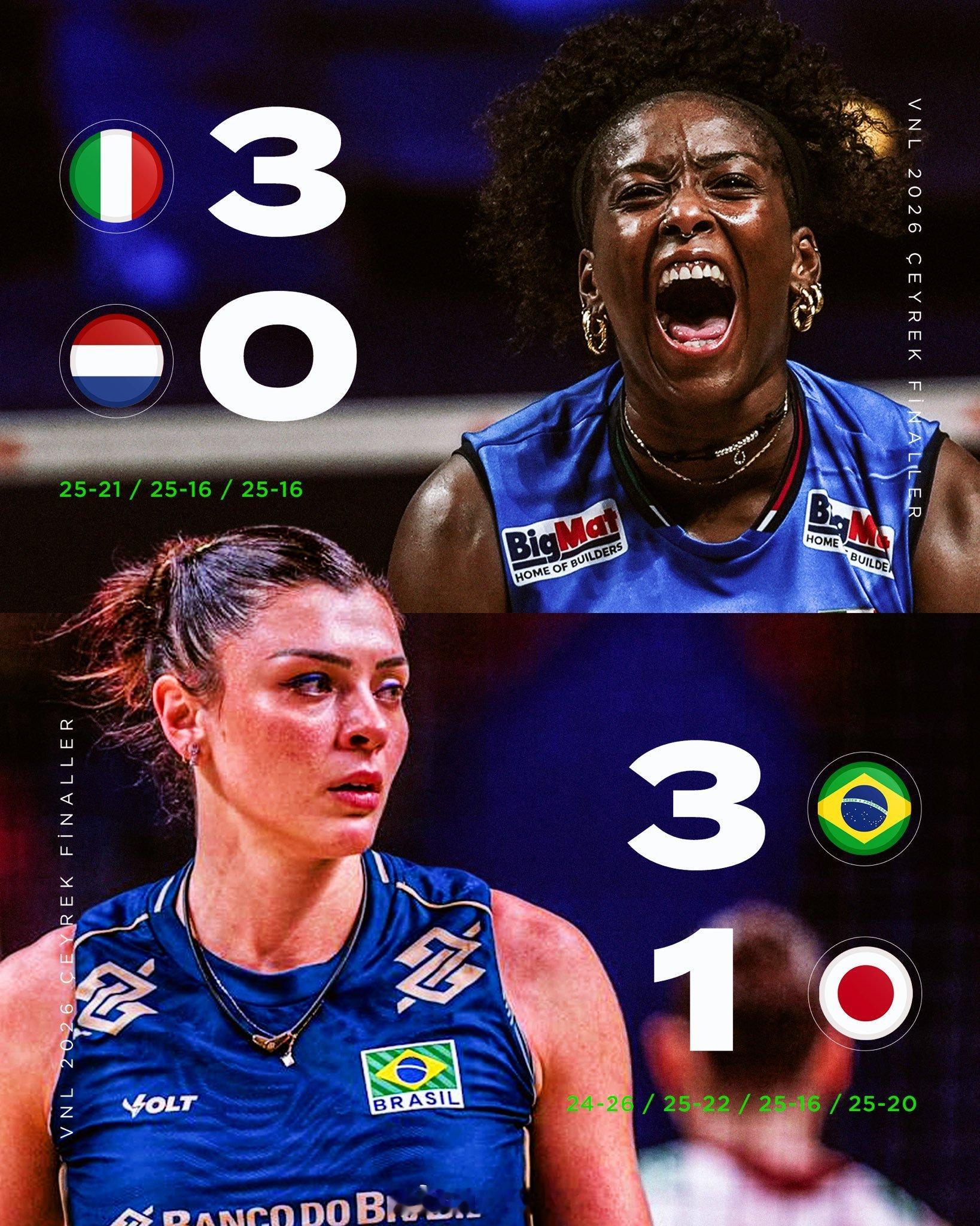 2026年世界女排联赛总决赛半决赛对阵意大利女排 vs 巴西女排比赛时间：7月2