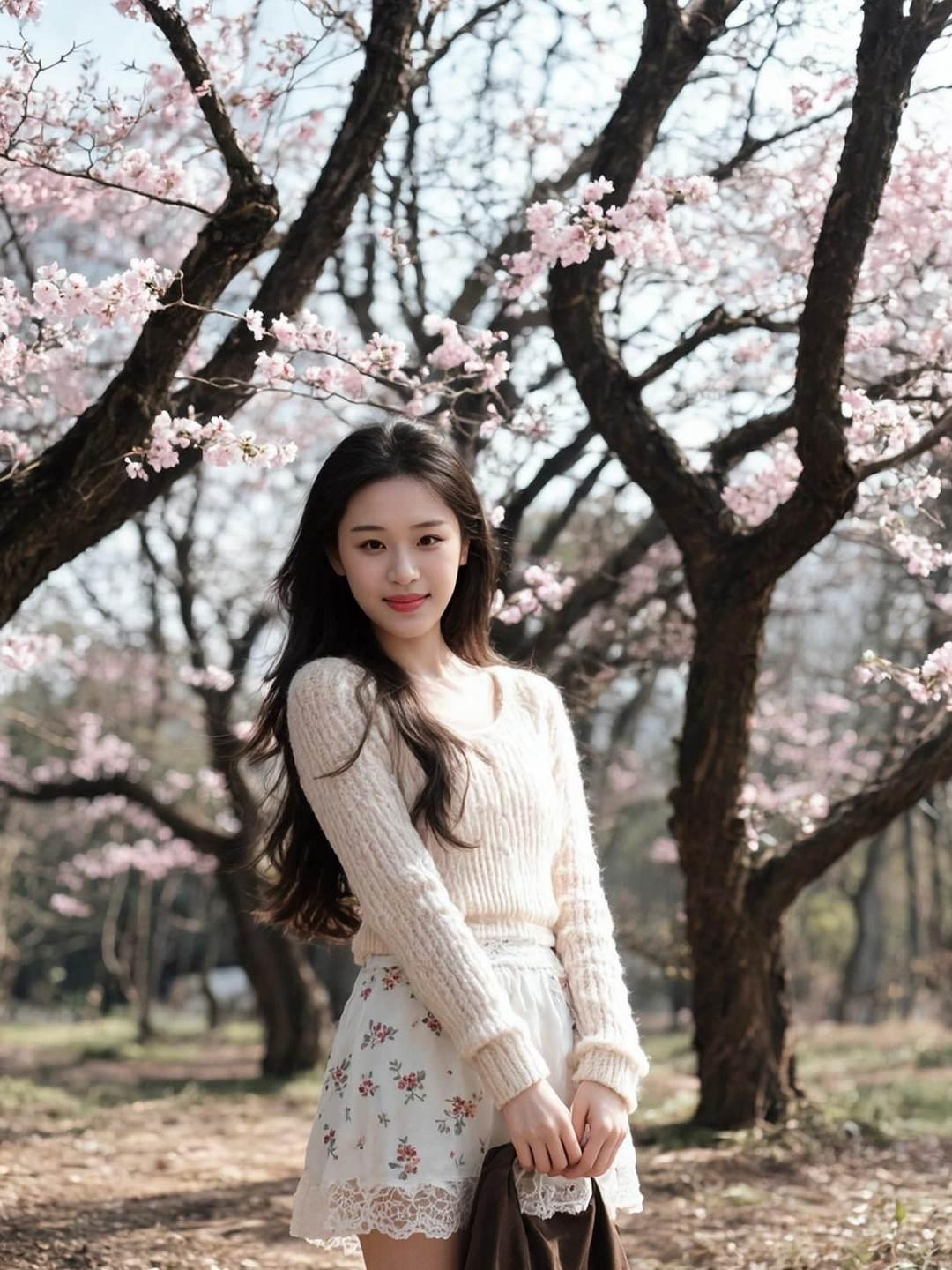 在春日的暖阳下，她站在树下，仿佛与自然融为一体。花开得正盛，像是为她特意准备的舞