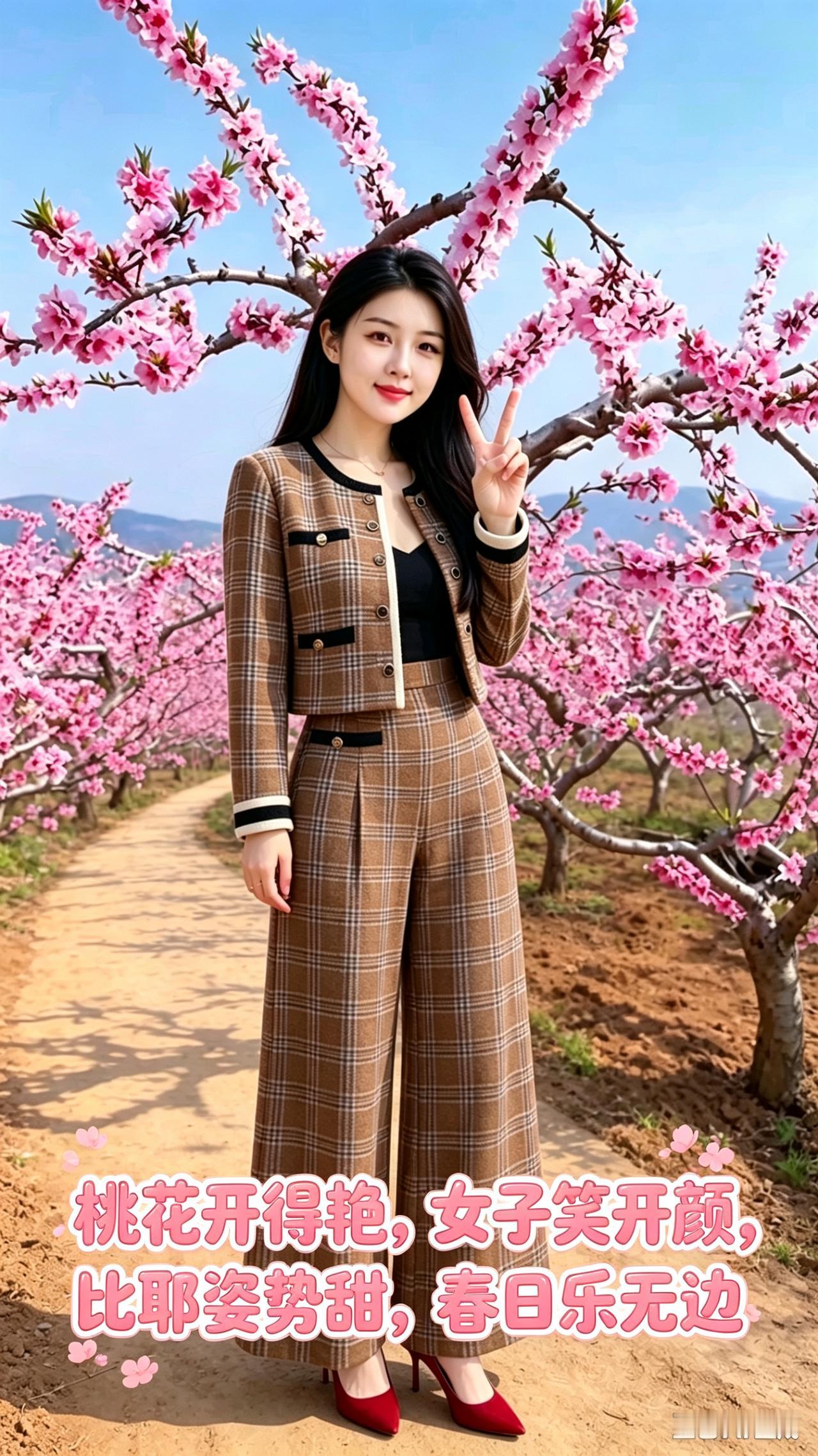 春风十里桃花开🌸
俏立花间笑意来
格纹套装添雅韵
芳华一抹醉春台