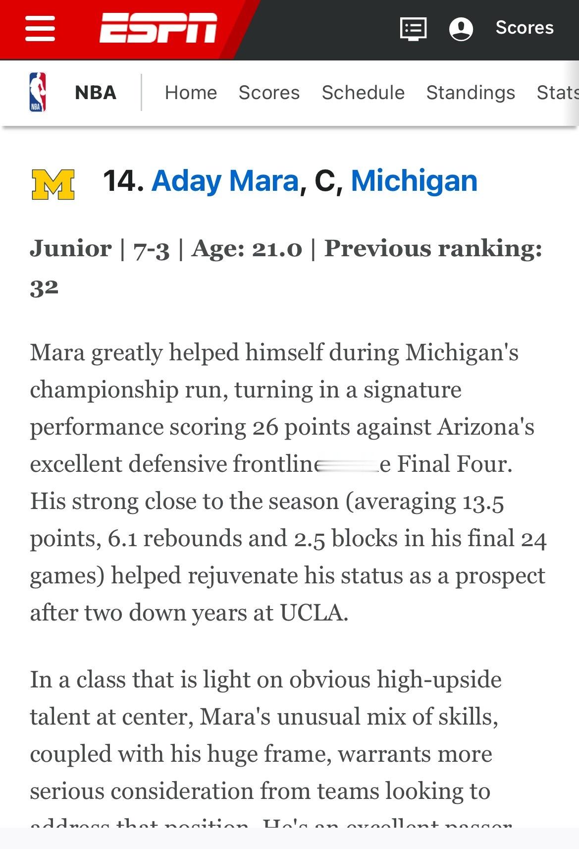 ESPN 百大新秀榜今日迎来重大更新——NCAA赛季收官，正式进入选秀前考察阶段