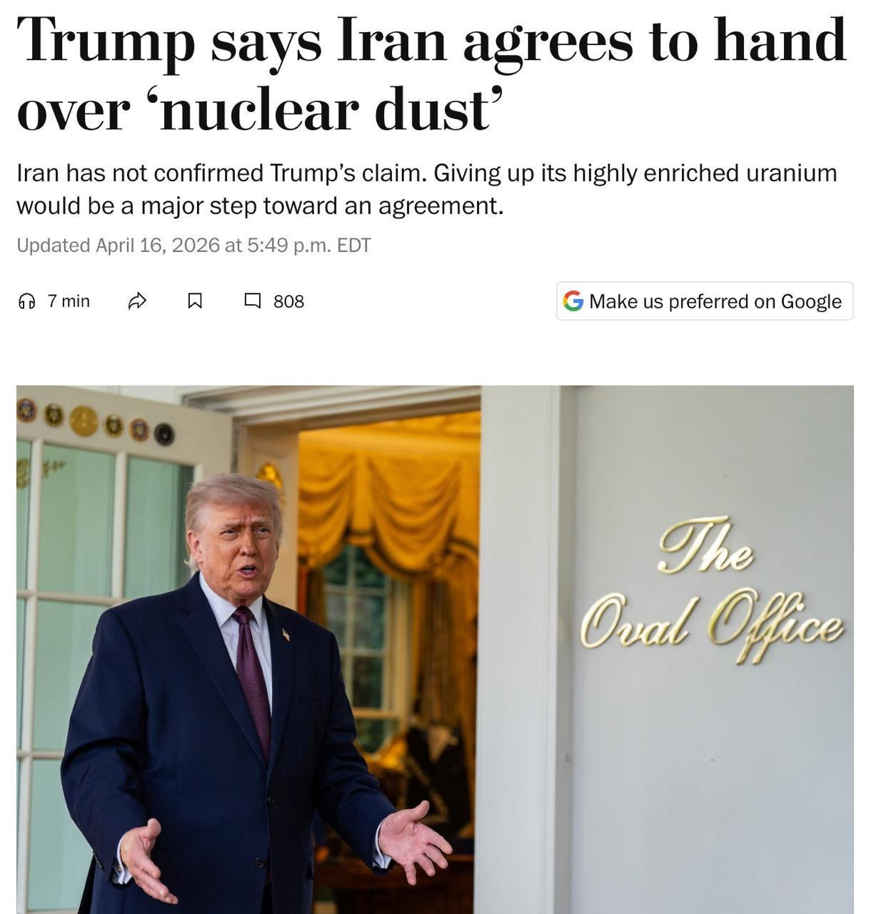 特朗普刚爆料，说伊朗同意把被美军炸埋的高浓缩铀交给美国。但伊朗那边至今没吭声。