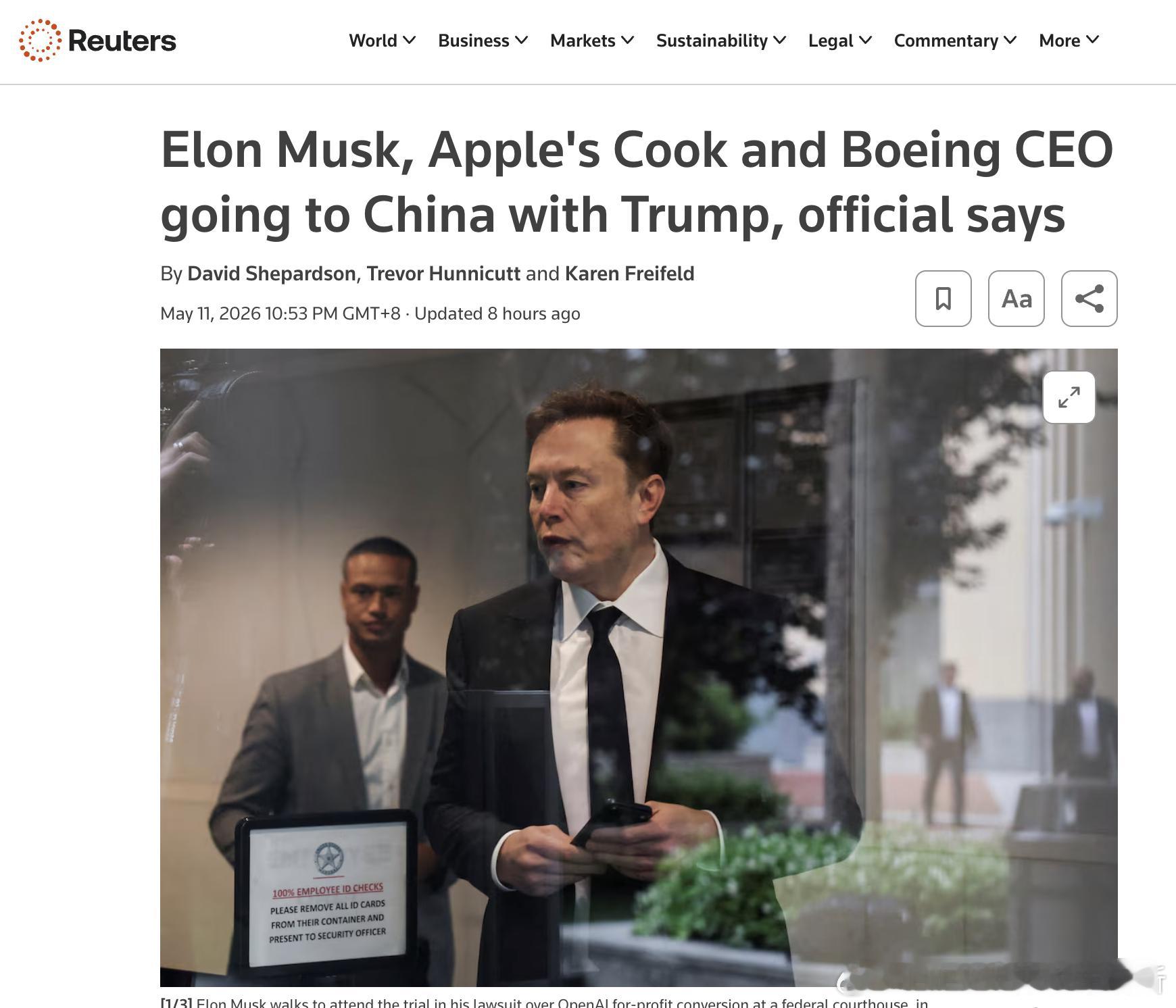 路透社消息，马斯克、苹果 CEO 蒂姆·库克等将随特朗普访华，消息来自一名白宫官