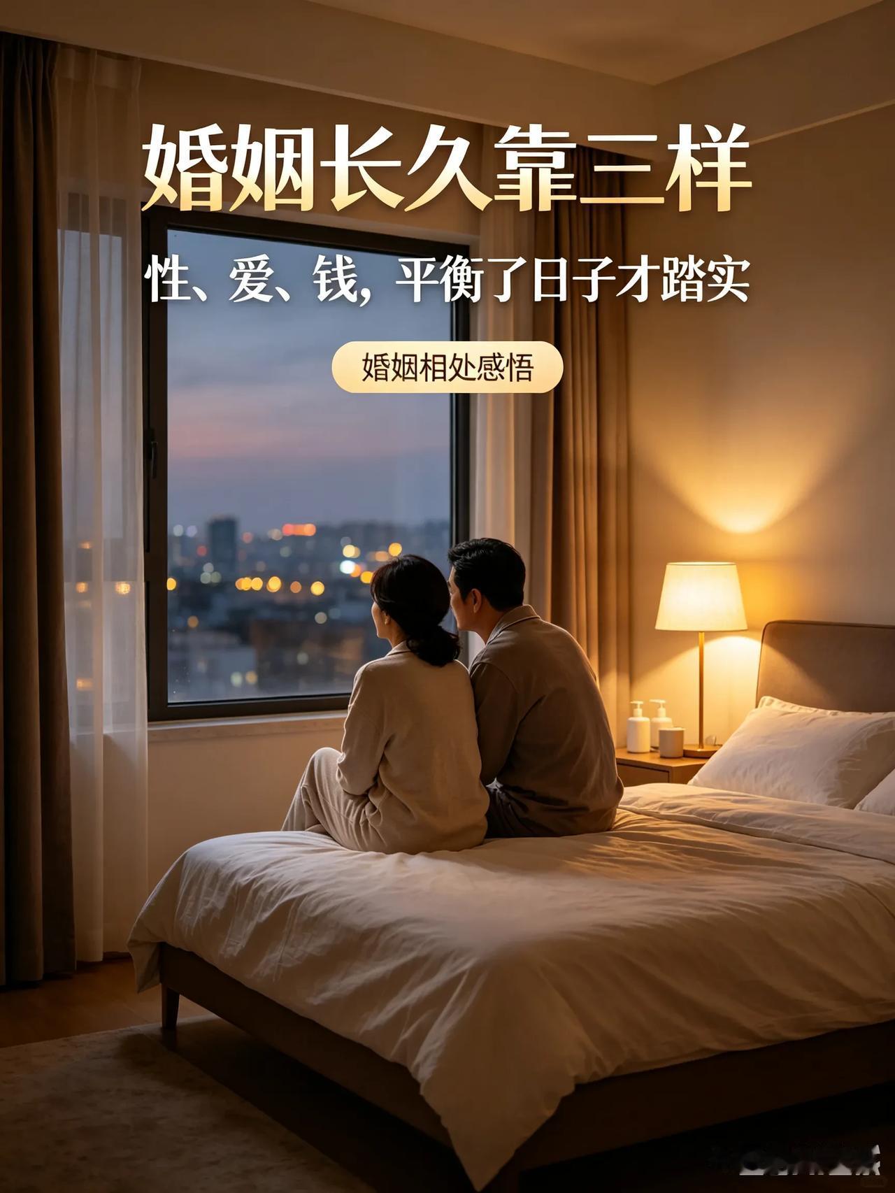 为什么很多夫妻走着走着就散了？多半是缺了性、爱、钱其中一样。

婚姻能长久走下去