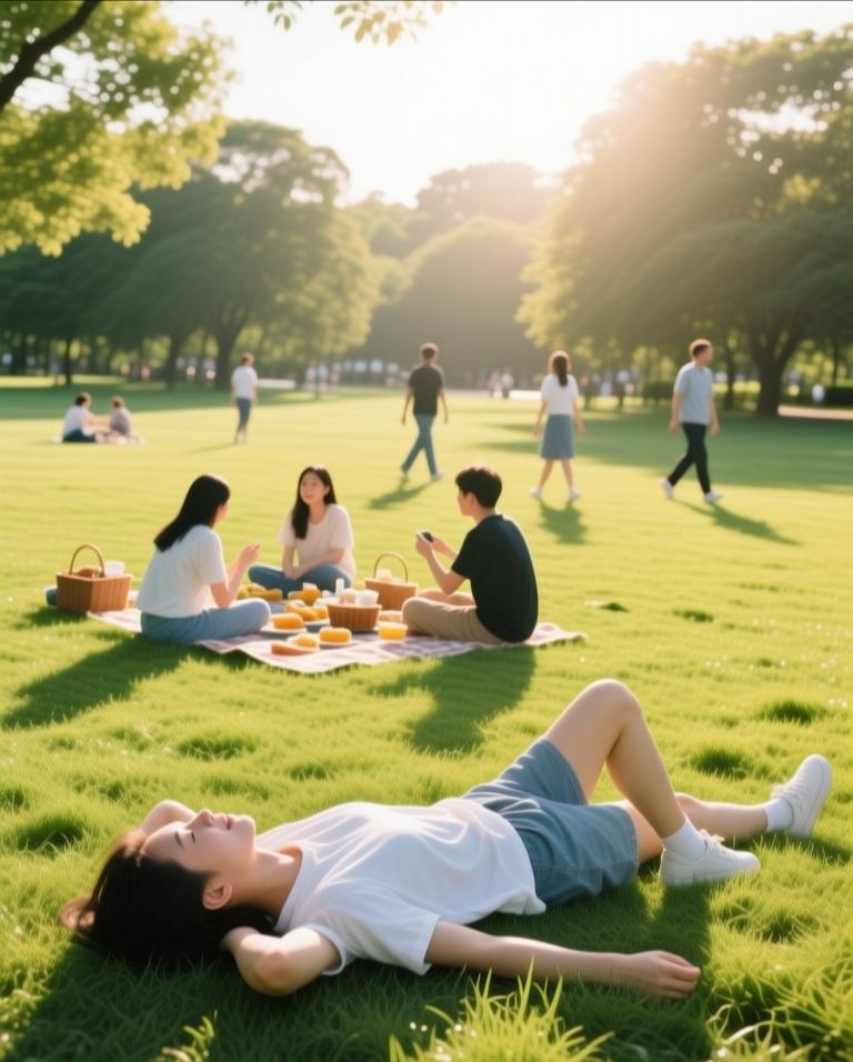 阳光穿过梧桐叶的缝隙，在草地上洒下斑驳的光影。我选了一处树荫躺下，身下的草叶柔软