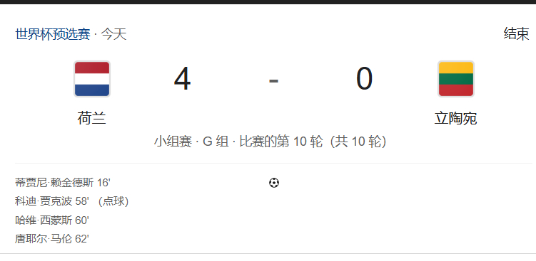 11月17日 世界杯欧洲区预选赛，荷兰4-0大胜立陶宛直通世界杯。下面是双方的全