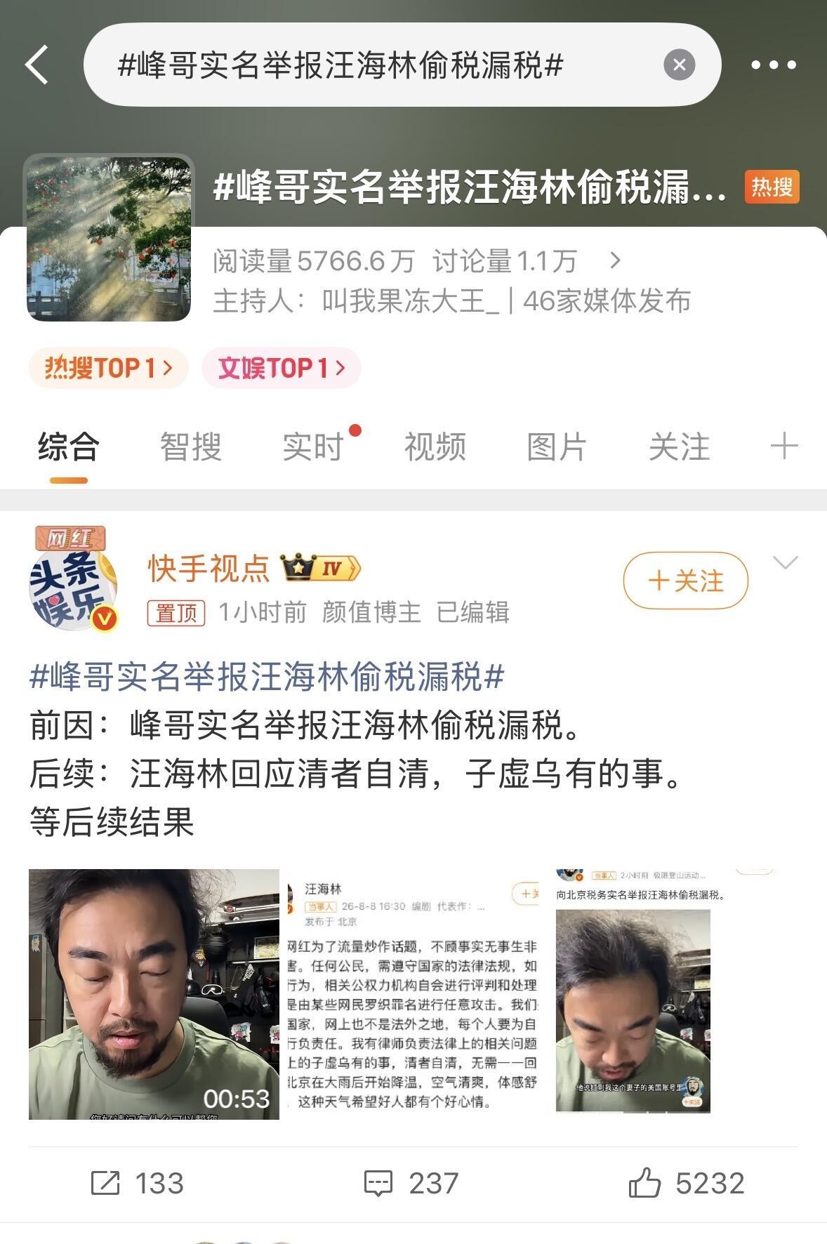 峰哥亡命天涯前几天拨 12366实名举报汪海林，说汪在《叱咤之城》项目里让出品方