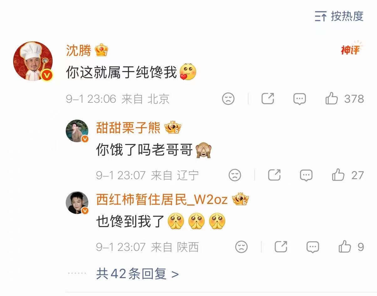 沈腾回复贾冰 你这就是纯馋我了～腾哥又想冰哥做的饭啦～ ​​​
