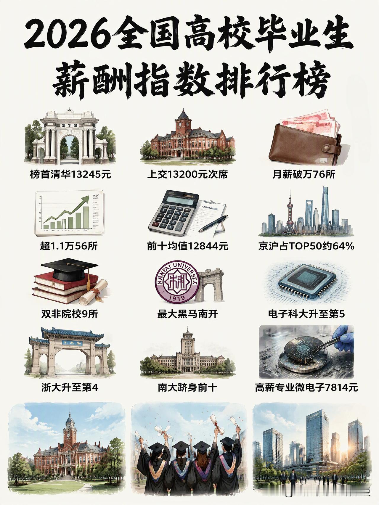 2026高校毕业生薪酬排行榜出炉，头部院校薪资差距一目了然。
 
前十榜单里，中