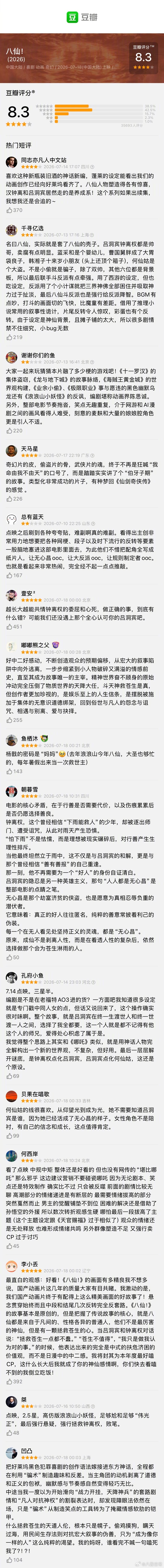动画电影《八仙》豆瓣开分8.3分八仙豆瓣8.3