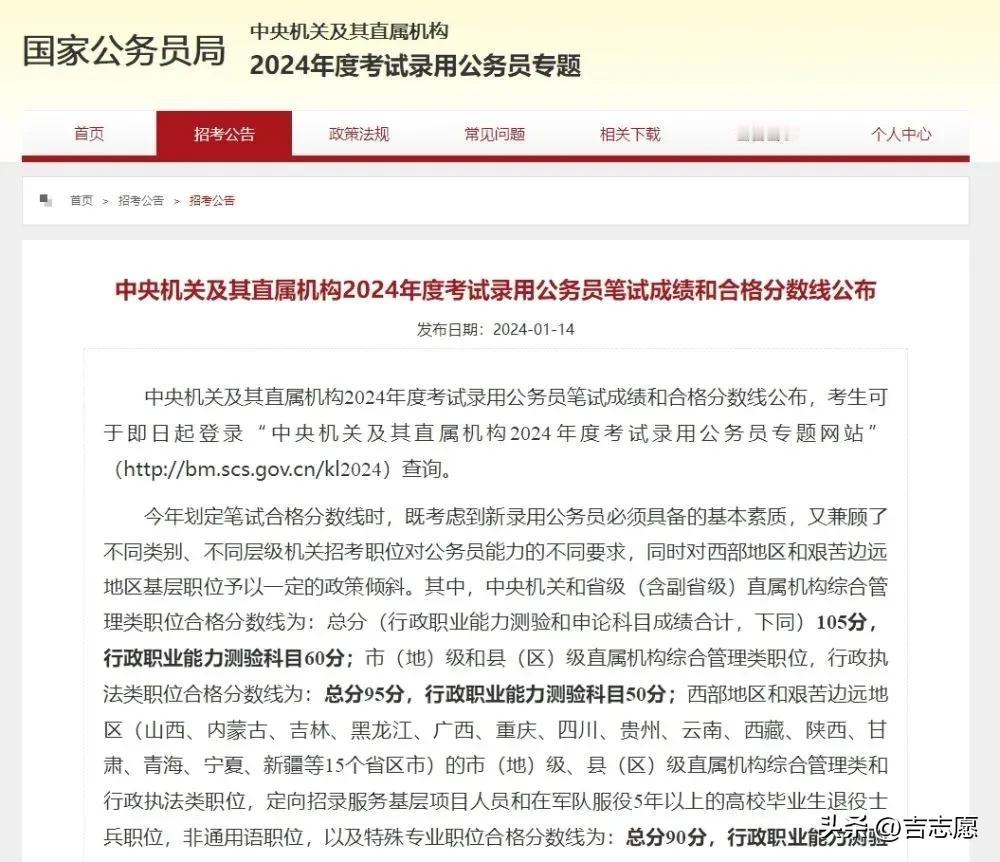 中央机关及其直属机构2024年度考试录用公务员笔试成绩和合格分数线公布了[比心]
