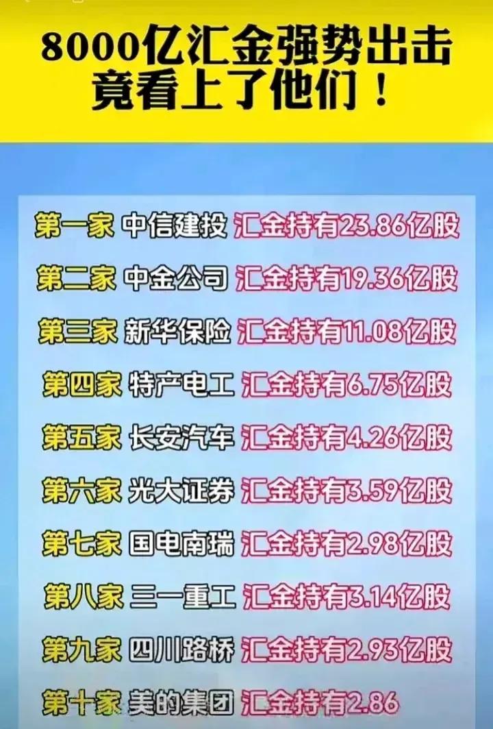 8000亿，汇金强势出击。
重仓持有这20家公司！