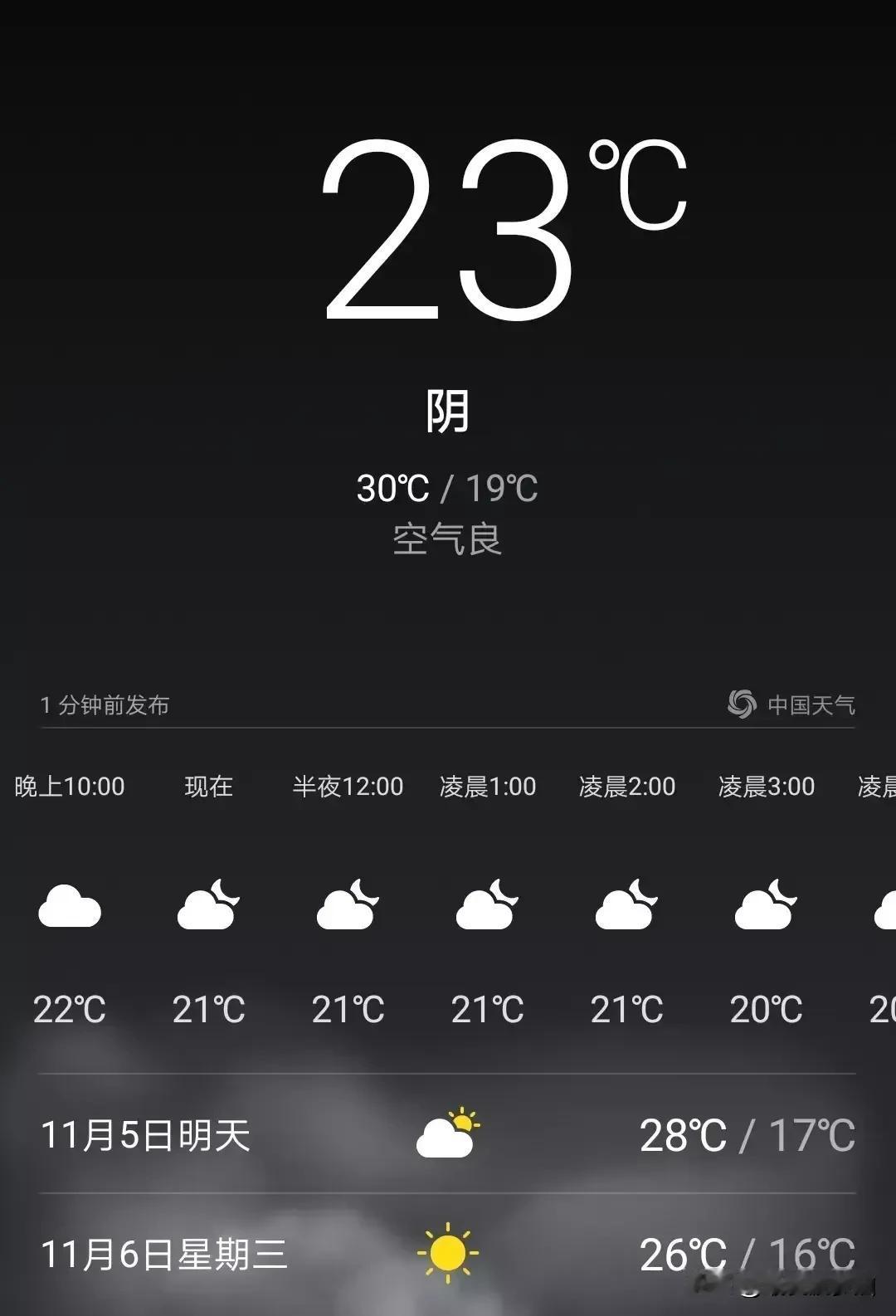 都晚上十点多了，
手机还显示23℃，
有点匪夷所思啊！
让人不得不怀疑：“广东本