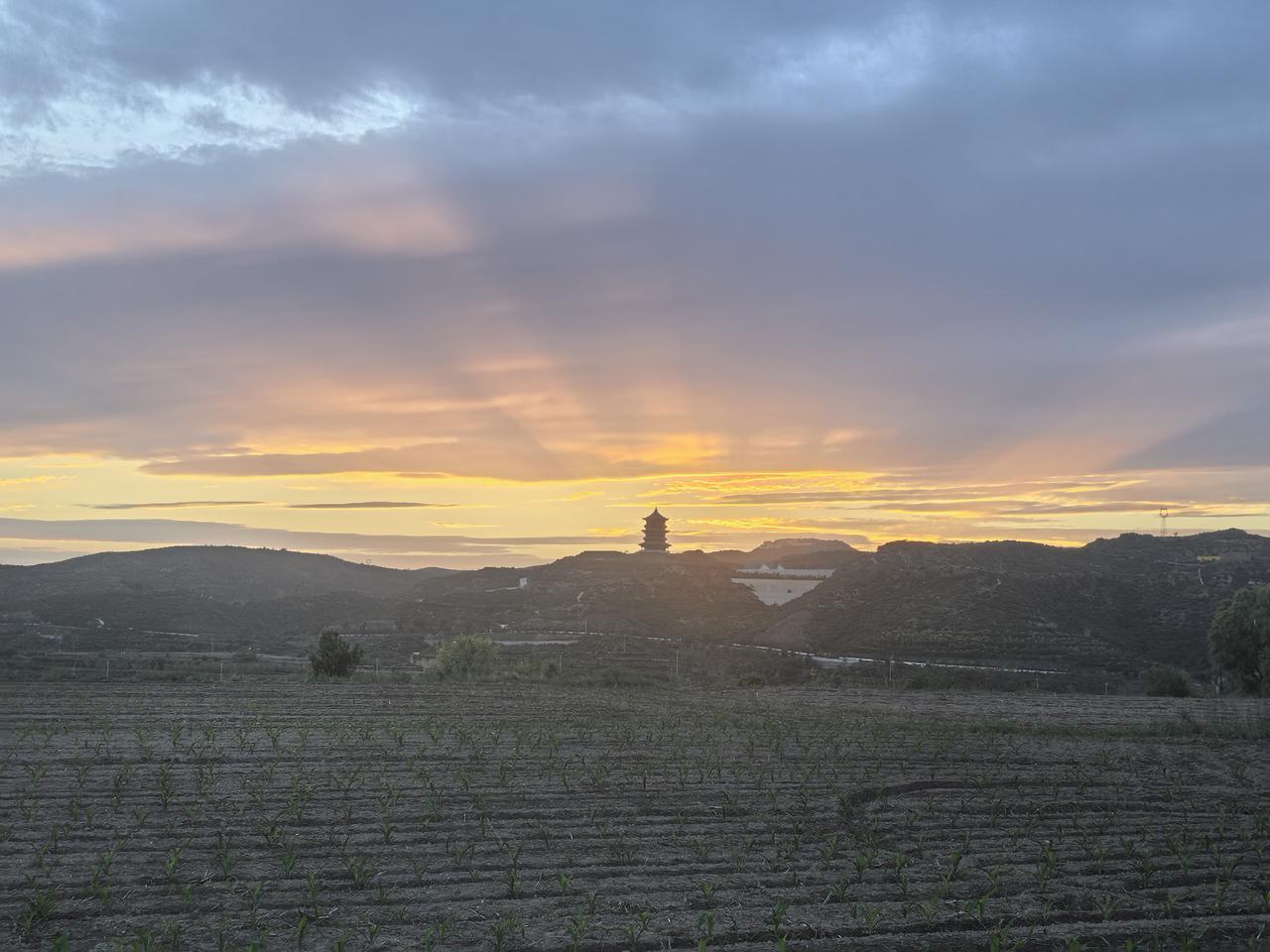 夕阳映古塔，田野尽归宁。
多么和谐的一啊！